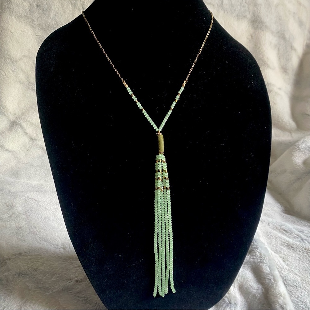Light Green And Gold Long Beaded Shiny Necklace